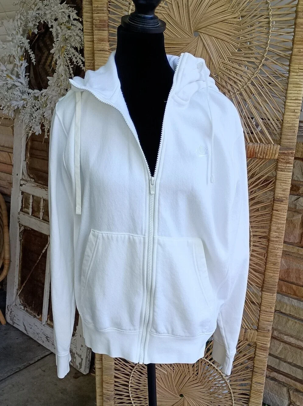 NWOT Nike White 100% Cotton Full-Zip Hoodie with Hood and Kangaroo Pockets_S